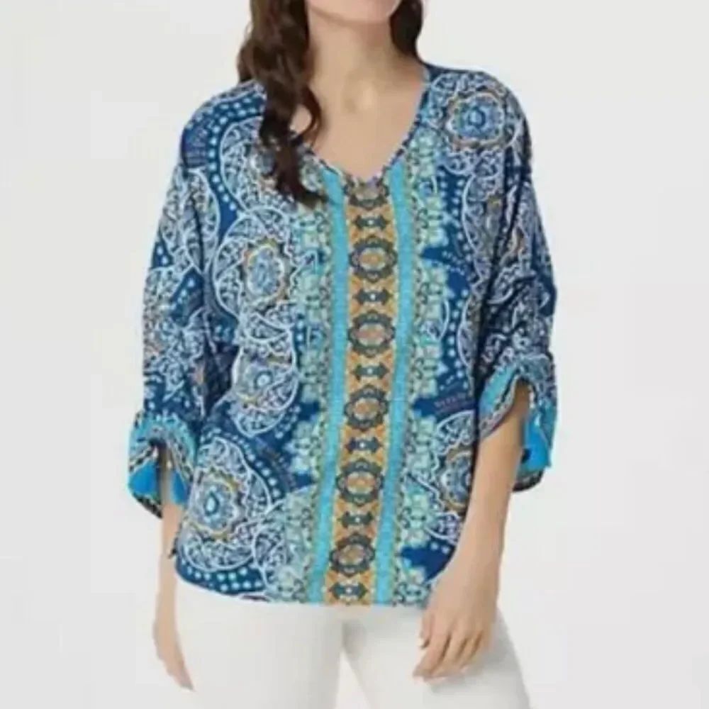 Belle by Kim Gravel Medallion Ruched-Sleeve Blouse